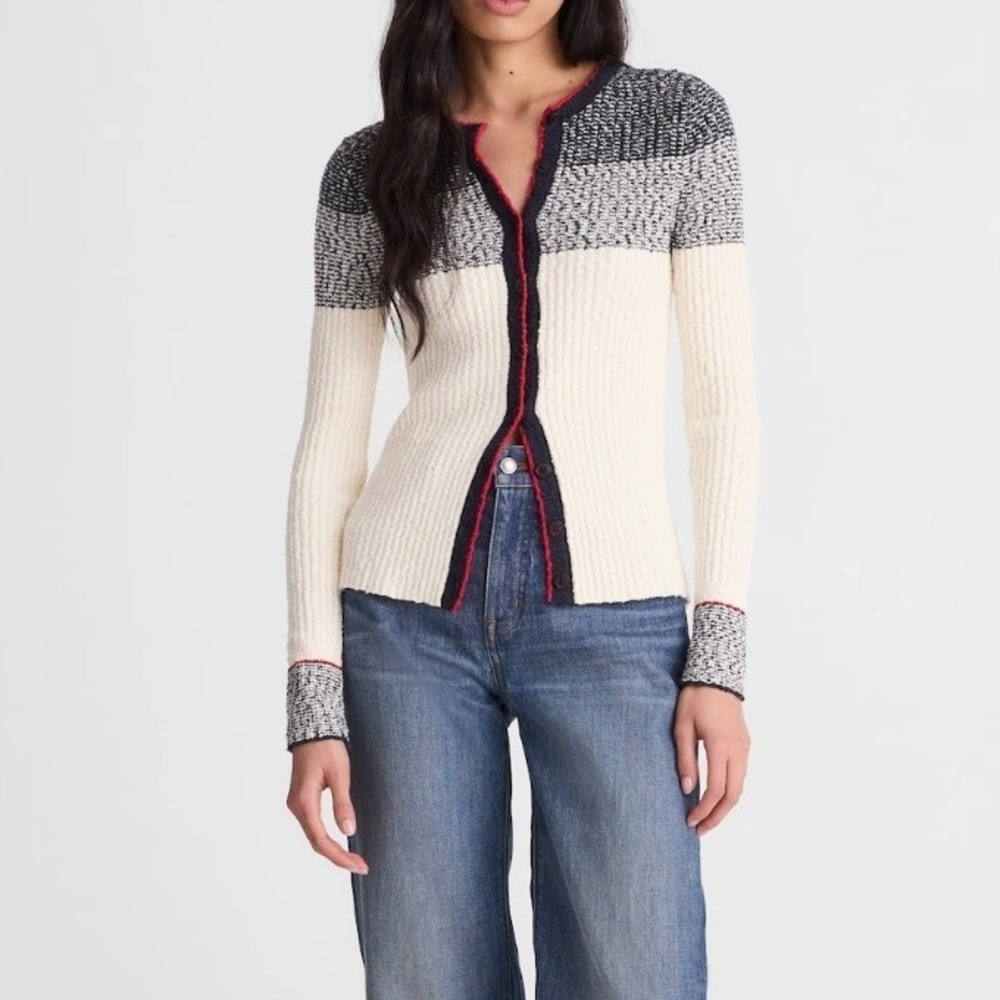 Madewell Striped Boucle Knit Button Down Cardigan Sweater Ivory Navy Red Small